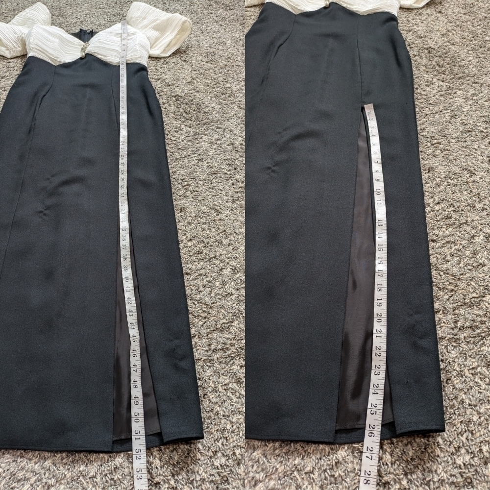 Vintage black white gathered satin off the shoulder evening gown M/L - Picture 10 of 10